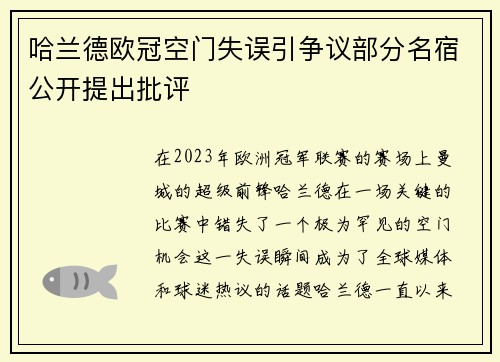 哈兰德欧冠空门失误引争议部分名宿公开提出批评