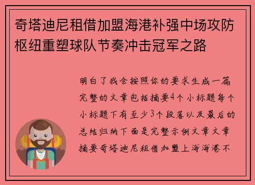 奇塔迪尼租借加盟海港补强中场攻防枢纽重塑球队节奏冲击冠军之路